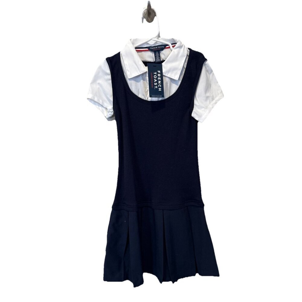 French Toast Girls V-Neck Pleated Jumper, Navy Blue Size 8 NWT Built In Shirt
